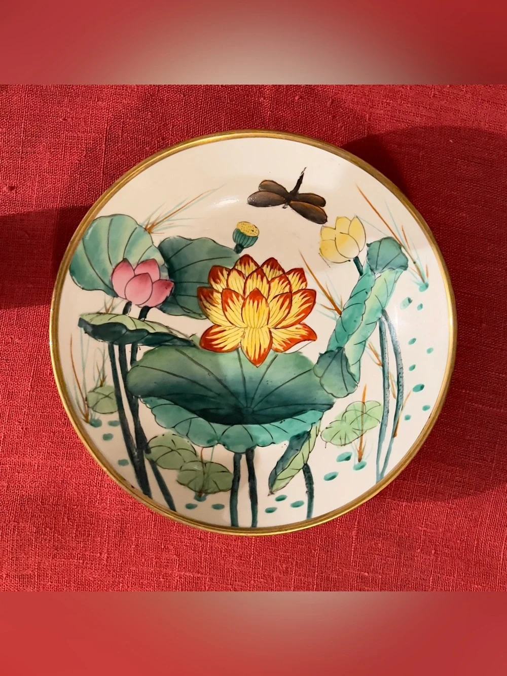 Vintage Hand Painted Porcelain Brass Chinese Lotus Dragonfly Bowl Stamped 7”W